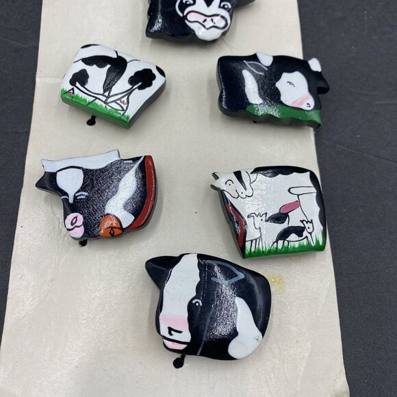 Vintage Set of 6 Cow Button Covers Black White Pink Wood NEW Funny - Picture 3 of 14